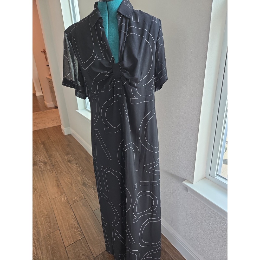 Calvin Klein Maxi Dress Women Size 14 Black Chiffon Logo Print Lined V-Neck